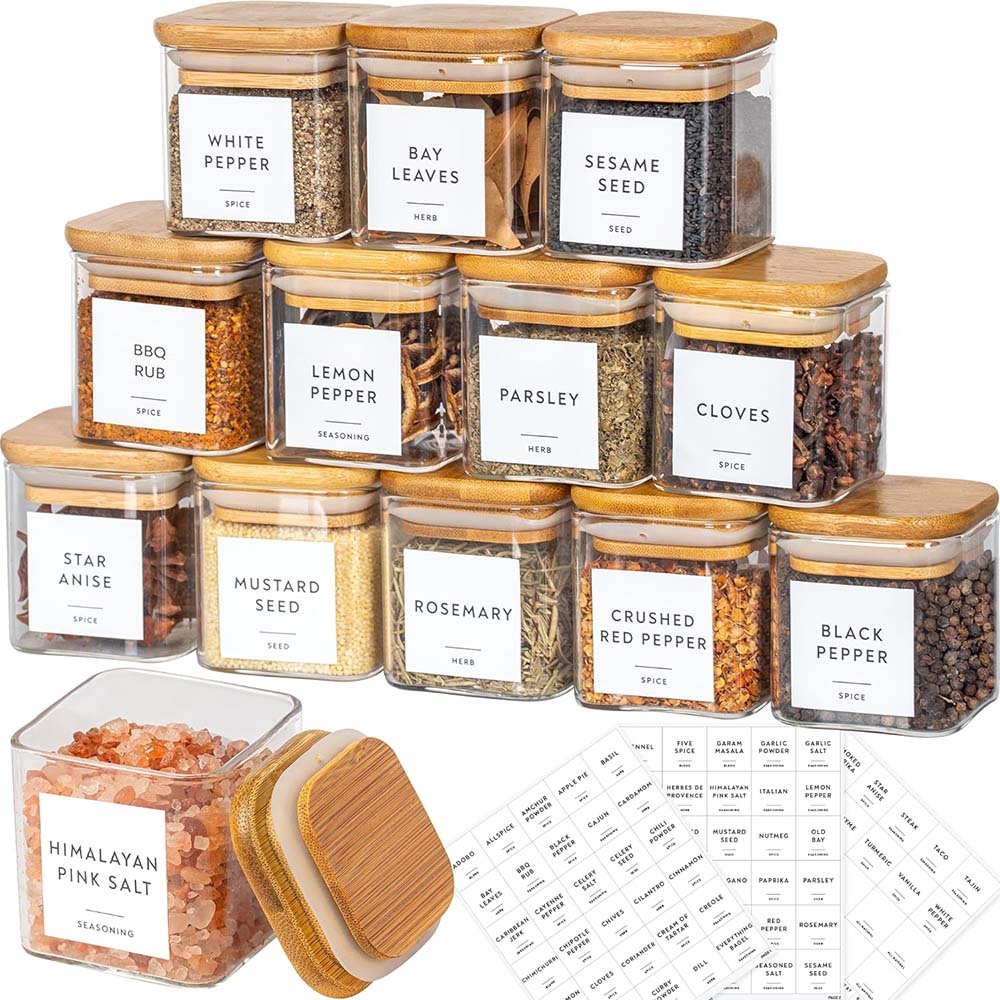 향신료 라벨이 있는 유리 항아리 세트, 대나무 뚜껑이  - Food Storage Jar Labels 리뷰 및 가격